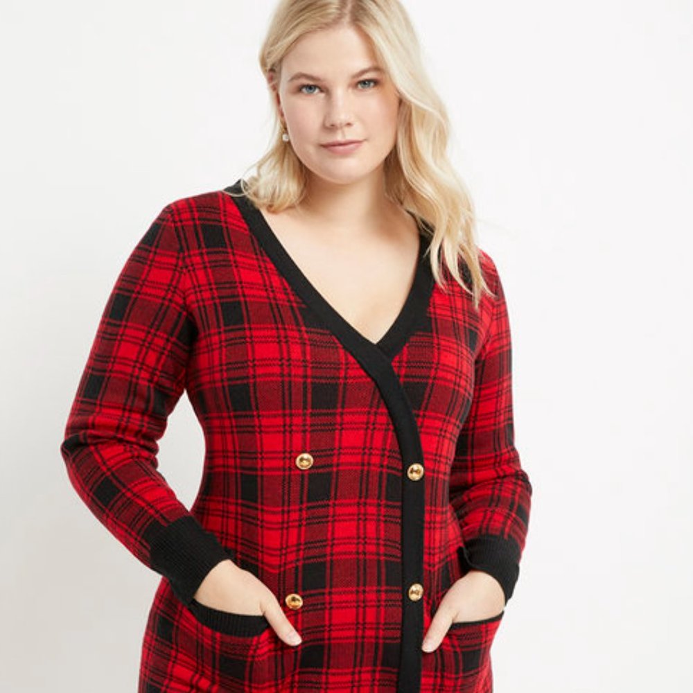 Eloquii Red and Black Plaid Long Sleeve Dress